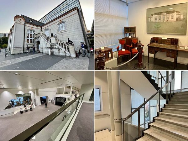 岡崎エリアの建築群。左上／京都府立図書館　右上／京都市京セラ美術館。1933（昭和8）年に前田健二郎の原案で建設され、2019（令和元）年に青木淳・西澤徹夫の基本設計で改修された　左下／ロームシアター京都（京都会館）。はじめ前川國男の設計で1960（昭和35）年に竣工し、2015（平成27）年に香山壽夫の設計で改修が行われた　右下／平安神宮の大鳥居を囲むように京都国立近代美術館（写真左）、京都府立図書館が並ぶ。京都国立近代美術館の向かいに京都市京セラ美術館がある