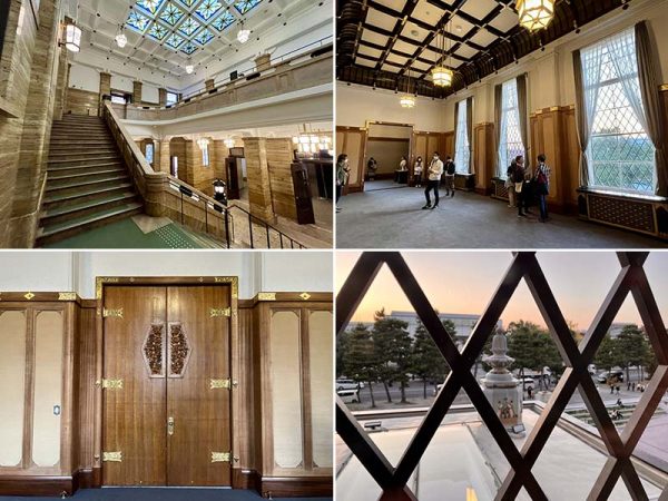 岡崎エリアの建築群。左上／京都府立図書館　右上／京都市京セラ美術館。1933（昭和8）年に前田健二郎の原案で建設され、2019（令和元）年に青木淳・西澤徹夫の基本設計で改修された　左下／ロームシアター京都（京都会館）。はじめ前川國男の設計で1960（昭和35）年に竣工し、2015（平成27）年に香山壽夫の設計で改修が行われた　右下／平安神宮の大鳥居を囲むように京都国立近代美術館（写真左）、京都府立図書館が並ぶ。京都国立近代美術館の向かいに京都市京セラ美術館がある