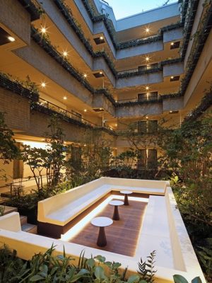 エントランスを入って正面が中庭。内覧会時の写真なので見学者が入っている