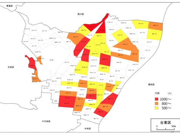 台東区の町丁別人口増加数　2012〜22年　資料：住民基本台帳