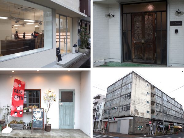 ストレンジャーから森下商店街方面に歩くと、新しい店ができていた。左上のカフェは右下の古い都営住宅の1階にある。森下駅近くにはアンティークなドアの写真スタジオがあった（右上）

