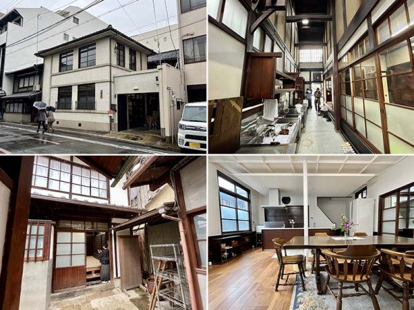 左上／新町通に面した「八竹庵（旧川崎家住宅）」。門の奥にフランク･ロイド･ライト風の洋館が見える　右上／外壁にタイルを貼った洋館部分　左下／1階の洋間　右下／洋間の隣にある前庭に面した茶室