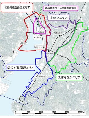 「長崎市中央部・臨海地域」と「重点エリア」 位置図（長崎駅周辺エリア整備計画・平成25年3月）。画像提供：長崎市