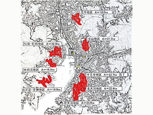 斜面市街地再生事業の整備対象8エリア。江平地区、立山地区、稲佐・朝日地区、水の浦地区、岩瀬道・立神地区、十善寺地区、北大浦地区、南大浦地区の市内8地区だ。提供：長崎市