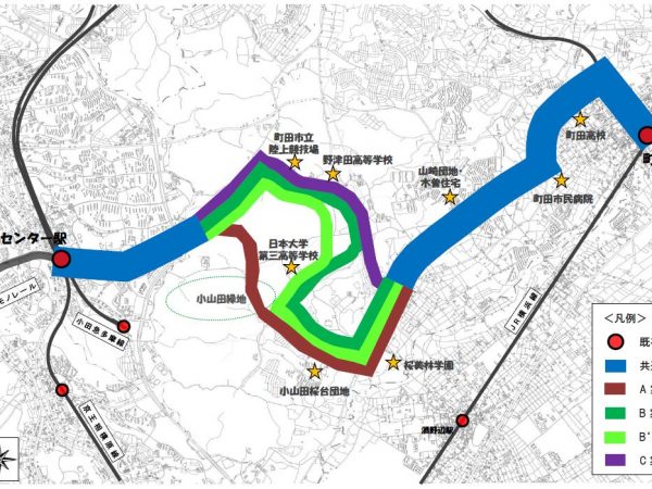 検討されたA・B・B’・Cの4ルート。この中で費用対効果などからB案が選ばれた（出所：多摩都市モノレール町田方面延伸ルート検討委員会資料）