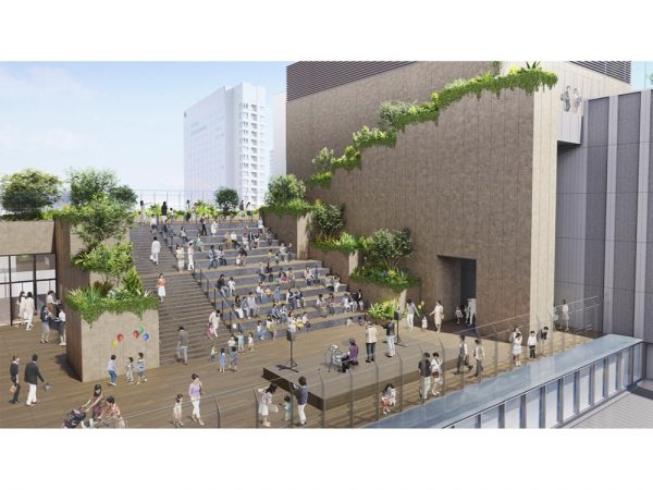 （1）ペデストリアンデッキ、（2）折り鶴をモチーフとした屋根、（3）折紙をモチーフとした壁（提供：JR西日本）