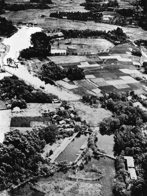 斜めに移っている長方形がプール。その右の屋根が豊島館と石神井ホテル　（練馬区ふるさと文化館所蔵）