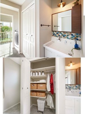 洗濯の作業を一か所で完結できる「まるごとホームランドリー」脱衣から洗う（洗濯機）、テラスで干して乾燥してからしまうまでの一連の流れがスムーズに行える洗濯動線を実現。 
[GLホーム]
