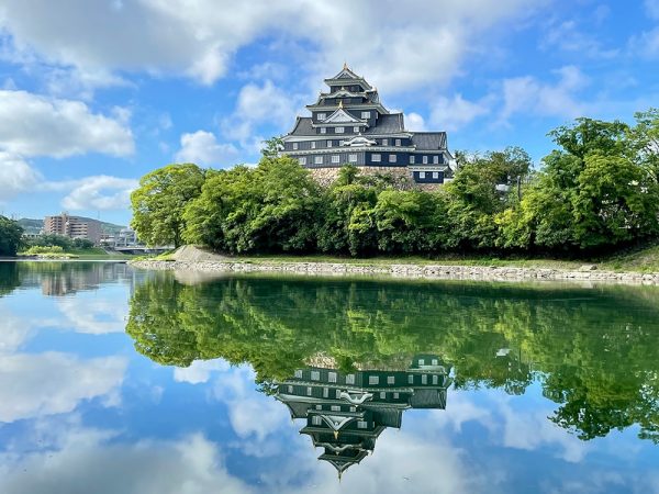 旭川に映るリニューアル後の岡山城天守「逆さ烏城」（提供：岡山市役所）