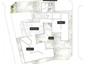 平面図。中庭を囲んで左右に2つのギャラリー、奥にレストランが配される。住戸エントランスはその奥にある（画像提供/まえばしガレリア）