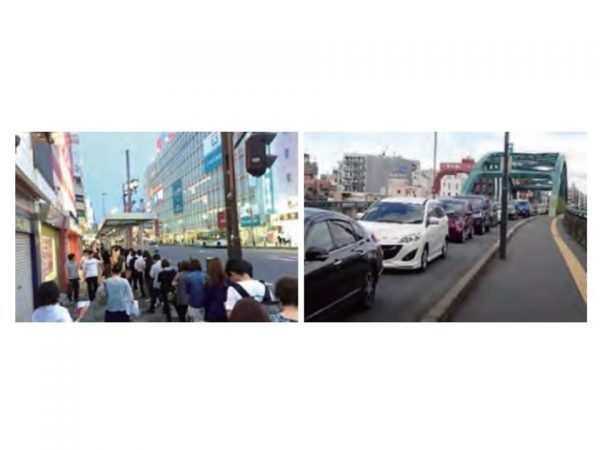 左：待合スペースのない歩道部分でバスを待つ人々。右：慢性的な交通渋滞の様子（出所：「大宮GCSプラン2020」）