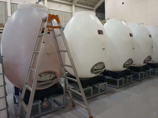 アメリカから取り寄せた玉子型の貯蔵庫。発酵させる際、丸い形状が対流効果を生むそうだ