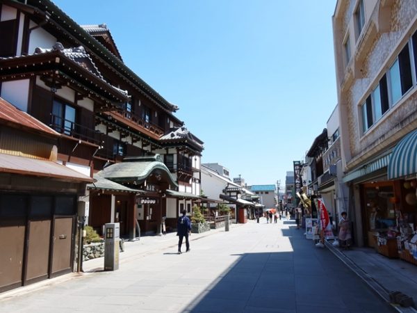 左が新しくなった旅館、敷島館。参道は賑わっており、歴史を感じさせる建物も多少残されている。だが、写真奥、川を挟んだ商店街にまでは人は行っておらず、その点が大きな課題