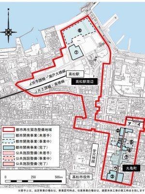 現在開発が進んでいる高松駅周辺と丸亀町周辺の位置関係。高松駅の海側の開発エリアはもともとは港。瀬戸大橋完成で連絡船が不要になり、埋め立てられてオフィスやホテルなどに変わった。高松城があったのは駅の右側、そこから丸亀町などにまちが続いていた（地方創生ホームページ内、都市再生緊急整備地域及び特定都市再生緊急整備地域一覧の地域のプロフィールより。2023年4月1日現在）