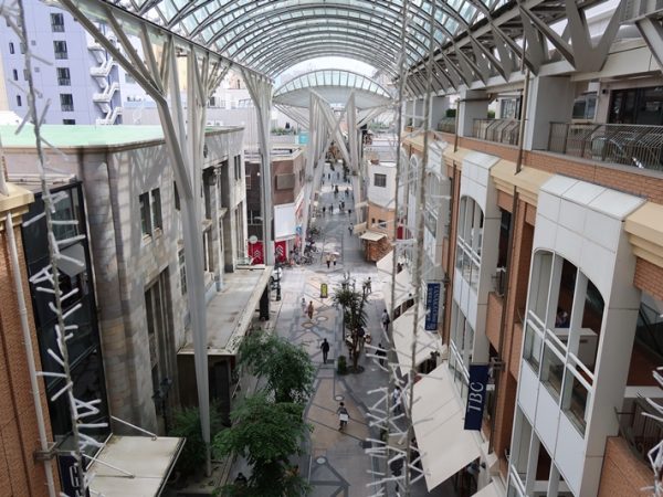 G街区からA街区方向を見たところ。建物間にかかる空中通路、ベンチ、植栽のある街路を造るための交渉にも時間がかかったそうだ