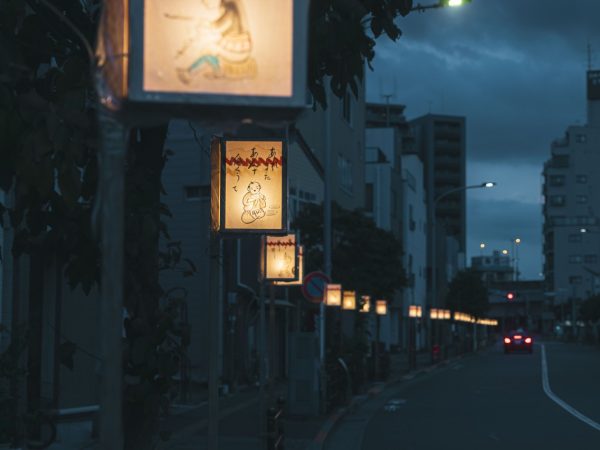 地口行灯を設置する商店街の街路灯を確認する鈴木さん