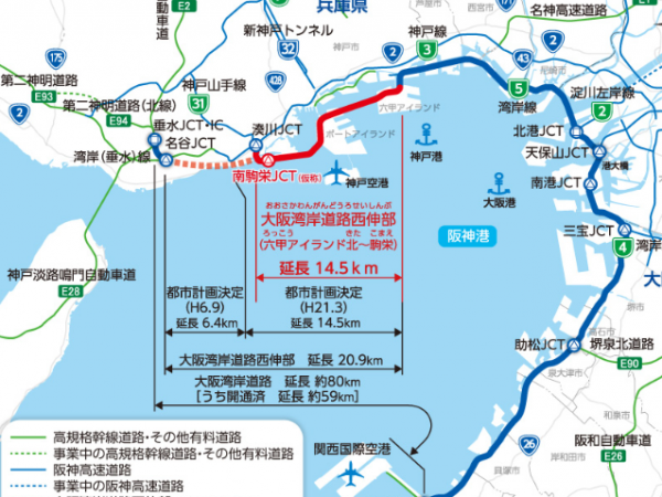 阪神高速湾岸線延伸と湾岸線路線図（出典：国土交通省近畿地方整備局浪速国道事務所）