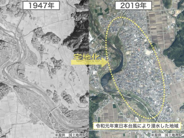 令和元年東日本台風にて浸水した地域の1947年と2019年の比較（＊提供　国土地理院）