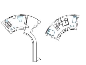 専用の空中廊下を通って行った先はメゾネットの住戸。図面を見ているだけでわくわくする