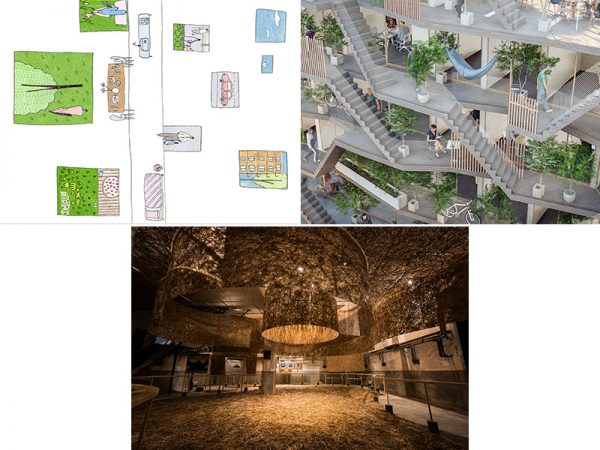 写真左上から時計回りに、Aleksandra Kovaleva＋佐藤敬《ふるさとの家》、佐々木慧《非建築をめざして》、大野宏 《Poiesis -3つの素材と技術-》