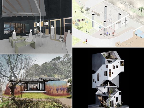 写真左上から時計回りに、小田切駿＋瀬尾憲司＋渡辺瑞帆 ガラージュ《建築の再演》、福留愛《南城の家》、大島碧＋小松大祐《二重らせんのビル》、桝永絵理子《ハニヤスの家》