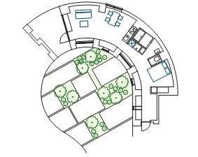 001の平面図。図の右下に玄関があるが、中庭の奥、庭からも出入りができるようになっている