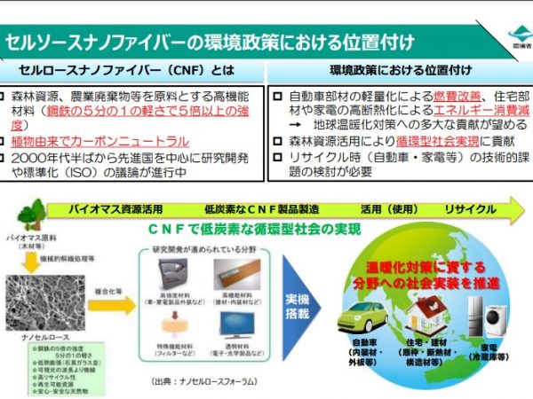 温暖化対策のひとつとしてセルロースナノファイバーの実用化が求められている。画像は環境省の資料　https://www.env.go.jp/earth/ondanka/cnf.html