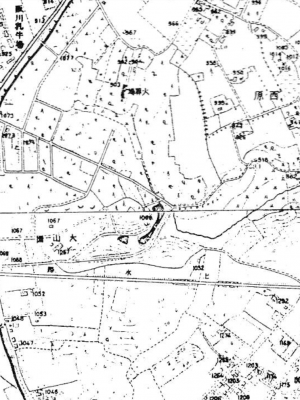図1　1926年『東京近傍図』。小田急線開通前年。大山園があり、その下を上水路が走っているが、これが今の井の頭通り。大山園の北側には道路が整備され、西原にも宅地ができている。