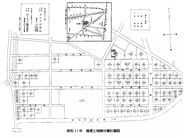 図3　1936年の箱根土地による第2次分譲計画図。真ん中下の大きな区画が大山園の中心。真ん中のＹ字の上が第百銀行の土地