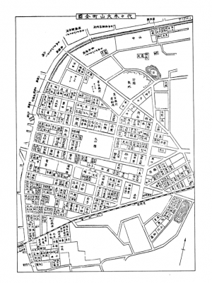 図2　1940〜41年頃の大山の地図。すっかり住宅地になっている。小田急線が開通し、小田急線と斜めに交わる「水道通」が井の頭通り。井の頭通りの南側が前田家が分譲した地区と思われる。現在の代々木上原駅は地図の右外側にある。第百銀行のテニスコートや運動場の文字が見える。その隣の公園敷地は今も公園として残る。