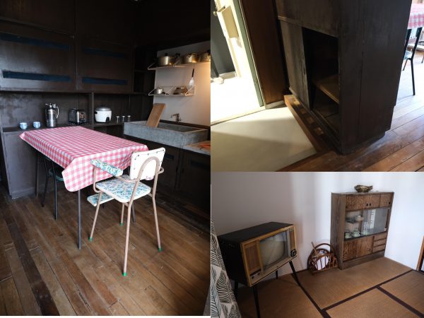 左は主婦の憧れとなったダイニングキッチン。食器棚は、右上の写真のように、玄関側の下駄箱と共用になっていた。当時の家具や家電も置かれていてどこか懐かしい