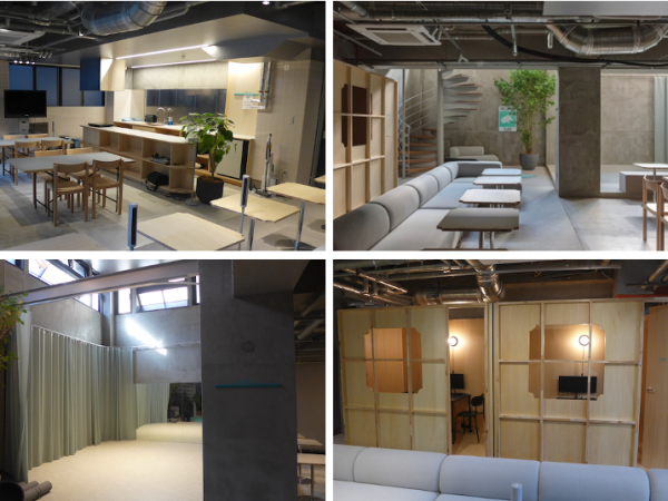 上左：キッチン付きのクッキングスタジオ　上右：ラウンジ（コクヨ提供、写真：良知慎也）　下左：フィットネススタジオ。ヨガ教室や写真の撮影などにも使われている　下右：ミーティングやレッスンに使える1on1スタジオ