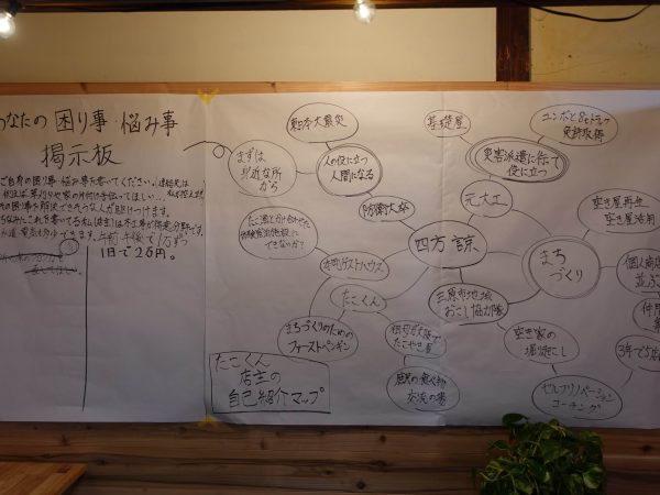 「たこくん」店内の貼り紙。困りごとがある人が自由に書き込むことができる。人と人をつなげ、自分自身の役割もつくっていくための工夫だ