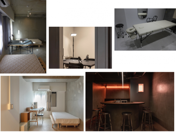 上左：キッチン付きのクッキングスタジオ　上右：ラウンジ（コクヨ提供、写真：良知慎也）　下左：フィットネススタジオ。ヨガ教室や写真の撮影などにも使われている　下右：ミーティングやレッスンに使える1on1スタジオ