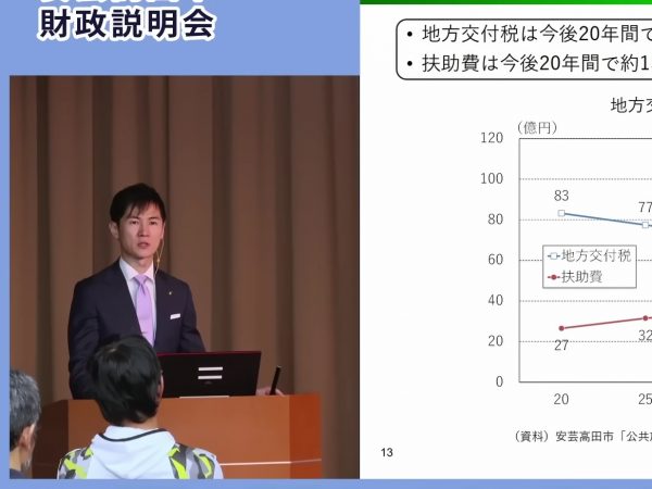 財政説明会では、具体的な施設削減年度にも踏み込む。(安芸高田市公式YouTubeチャンネル)