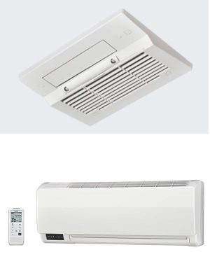 ＜上＞ 頭から足元まで温度ムラが少なく、運転の立ち上がりがとても早いガス温水式。[浴室暖房乾燥機　天井埋込型]
＜下＞入浴前後の脱衣室もあたたかく。現在の脱衣室に設置可能。[脱衣室暖房機 壁掛型]

