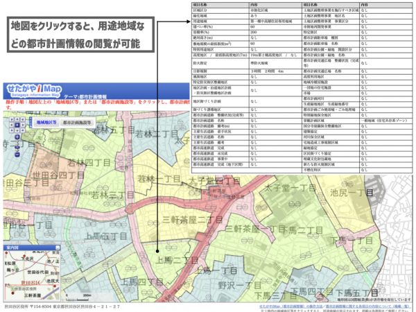 用途地域の確認方法の例（世田谷区：https://www.city.setagaya.lg.jp/mokuji/kusei/010/001/d00125457.html）