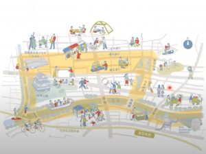 岡崎市中心部の公共空間を結ぶと「Q」の字の動線が見えてくること、また岡崎城跡の「総曲輪（そうぐるわ）」の一部と重なることが「QURUWA戦略」名づけの由来（中川氏の投映資料より）