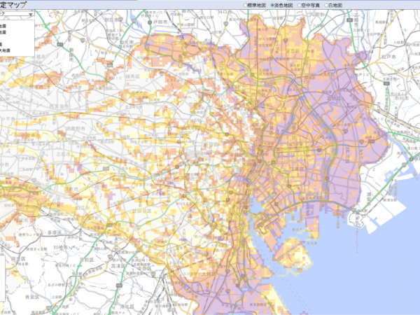 東京都東部には、液状化危険度が高いとされる紫で示されるエリアが広がる（画像出典：東京都被害想定ホームページ「東京被害想定マップ」）