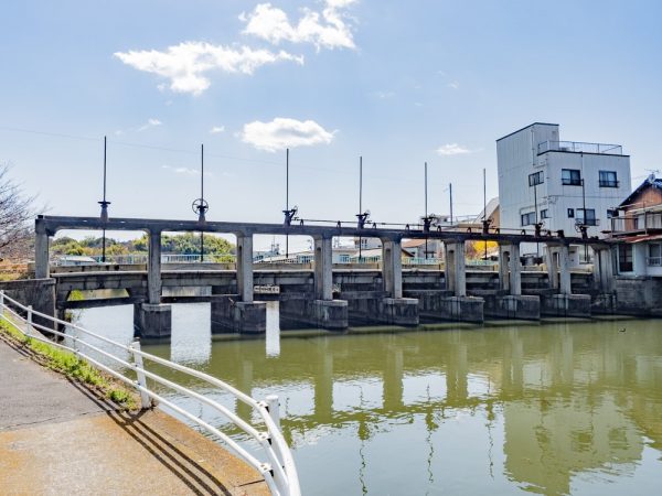 玉島市街を流れる溜川と川沿いの家並み。溜川は江戸時代の干拓時に生まれた