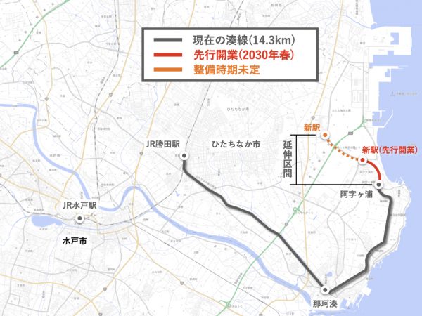 延伸計画の概要（※ひたちなか市令和5年12月定例会及び令和6年3月定例会等の情報を基に作成）　＊国土地理院地図を一部編集