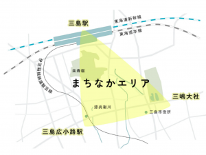 三島駅・三嶋大社・三島広小路駅の3点を直線で結んだ「まちなかエリア」が今回のプログラムの舞台