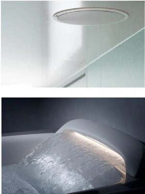 （上）スマートフォンやタブレットとワイヤレスで接続し、浴室を癒しのオーディオルームへと変えてくれる高品質の音響機能。[SPAGE　フルデジタルサウンドシステム]
（下）首から肩に優しいお湯をまとうかのような新感覚で極上のリラックス時間を味わうことができる。[SPAGE　アクアフィール]　
