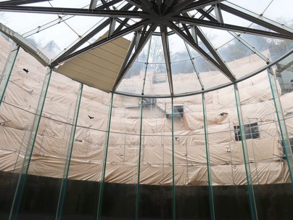 カフェや市民活動の場として使われている新しく作られた建物。2つのタンクを解体した材で作られている