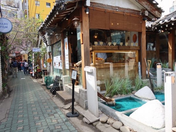 カフェ小夏塩田の外観。水色に見えている部分は塩田ということらしい。行列ができていた