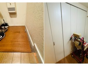 車いすで動きやすいよう室内を大きくリフォーム。玄関には持ち手付きスロープを造作（左）、収納は壁を抜いてクローゼットに（右）