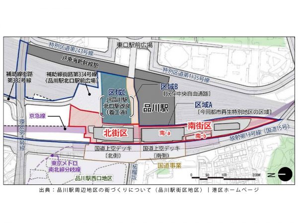 品川駅街区地区の再開発の配置図