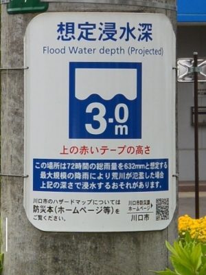 電柱などに掲示された想定浸水深標識板の例。家づくりの際には、ハザードマップなどで自然災害のリスクを確認すべきだ