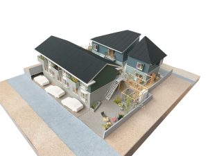 まごころアパートのイメージ図。新築とリノベの2棟で成り立つ（写真提供：MIKAWAYA21）