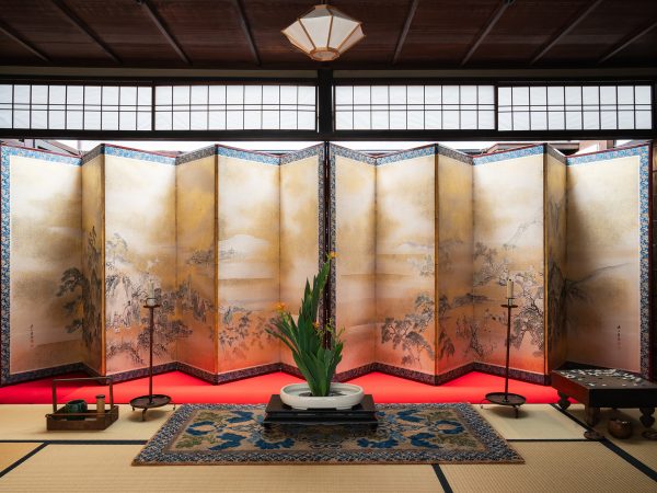 飾台と屏風 アウトレット品 屏風単品 三曲屏風 15号 山吹 花紋刺繍 レトロ アート